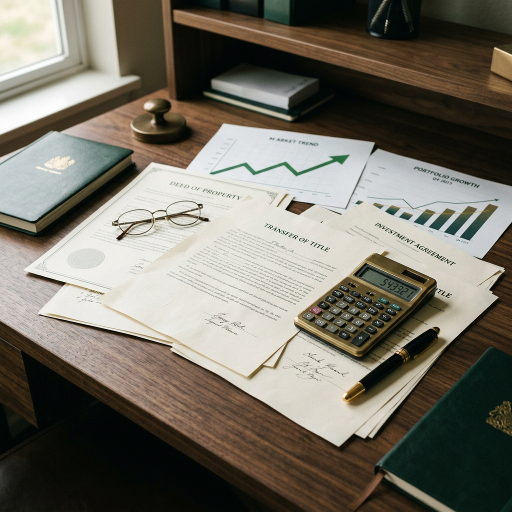 Real estate documents labeled deed, title transfer, and investment agreement with charts and calculator